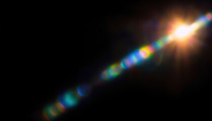 Wall Mural - ethereal rainbow light beam with lens flare on black background for abstract web design, poster, print media, or modern branding element


