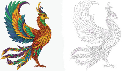 Naklejka na meble Mythical Phoenix Illustration: A stunning illustration of a vibrant phoenix, a symbol of rebirth, depicted in intricate detail, showcasing its fiery plumage and majestic form.