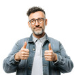 © Diclonius - A middle-aged man with glasses gives a double thumbs-up, expressing positivity and approval.  His casual denim jacket and relaxed expression suggest approachability and confidence.