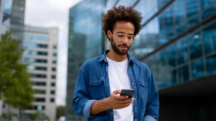 a smiling man using his smartphone in an urban setting with modern buildings.