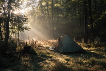 Poster - Morning Mist Envelops a Tent in a Tranquil Forest Clearing During a Peaceful Sunrise Generative AI