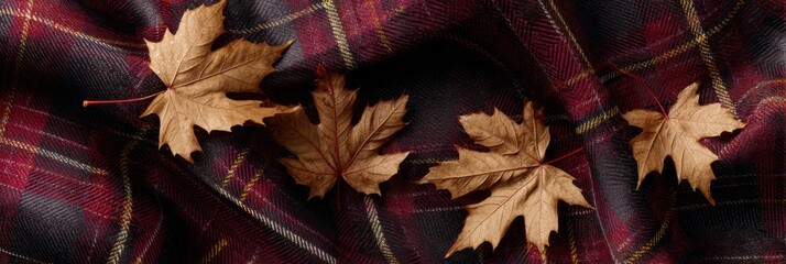 Poster - Tartan Pattern Fabric Decorated With Dried Maple Leaves Creating a Cozy Autumn Atmosphere in Indoor Setting Generative AI