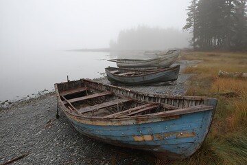  Antique wooden boats along hazy shore edge  
