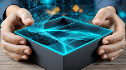 Leinwandbilder - A pair of hands gently open a sleek delivery box revealing a glowing, dynamic display of colorful patterns. The setting features a modern, digital atmosphere, enhancing the sense of wonder.