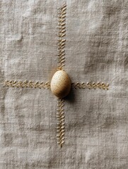 Poster - Raw Linen Texture Highlighted With Stitched Egg Icon Embroidery Creates a Cozy Aesthetic for Rustic Decor and Crafts Generative AI