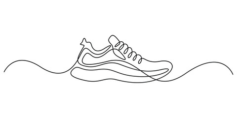Sports shoe continuous one line drawing on white background concept of shoe business, Sport Sneaker shoes in one continuous line art drawing style, sneakers are drawn with single line. Sports shoes. P