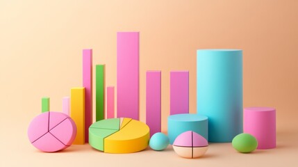 Fototapete - D bars and pie chart graphics in vivid colors, floating in space against a neutral backdrop for a visually impactful design