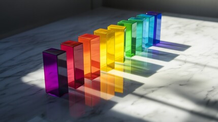Leinwandbilder - Array of rainbow-colored D bars in a row, gradually increasing in height, with smooth shadows and reflections