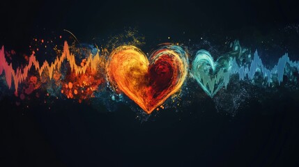 Poster - A series of heart waveforms depicted in different colors, symbolizing various emotional states, displayed on a dark background for a striking contrast