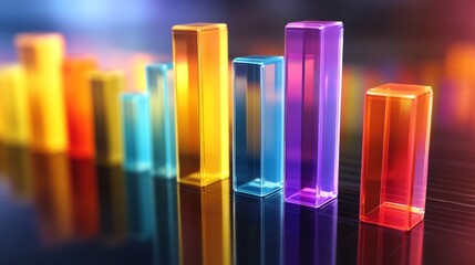 Poster - Colorful D bar graph with tall, transparent bars on a reflective surface, casting shadows and illuminated by soft ambient lighting