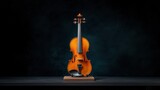 A violin is displayed on a wooden stand against a dark background.