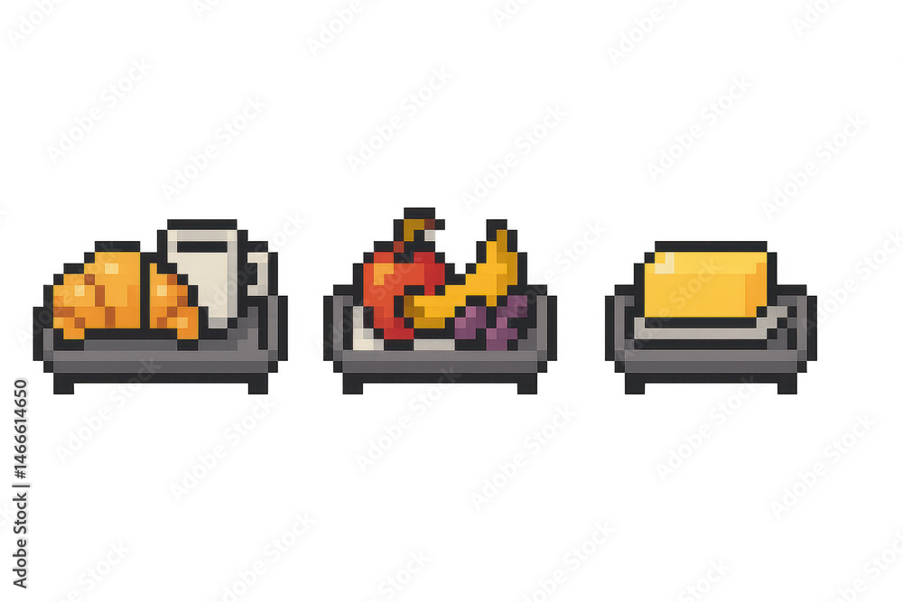 Pixel art breakfast icons featuring croissant milk fruit and butter ...