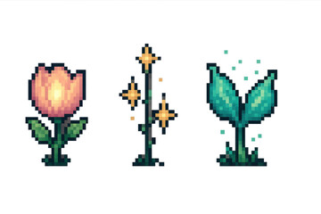 Wall Mural - pixel art nature icons with flowers and leaves on black background