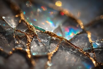 Shattered Murano glass mask fragment with delicate gold leaf veins, macro photography capturing prismatic light diffraction through fracture planes, Baroque architectural textures blurred in bokeh bac