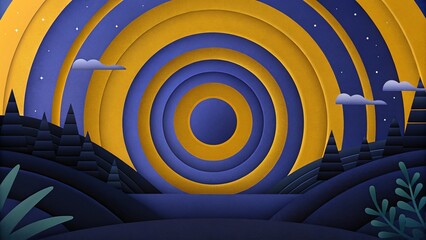 A cartoon landscape with concentric circles and stylized trees and foliage at night