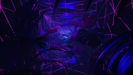 Purple and blue neon lights in a dark jungle with palm trees. Loop animation