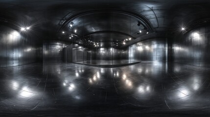 Poster - 360 Degree full panorama environment of black minimalistic studio environment with bright lights and reflections, 3d render illustration hdri hdr vr virtual reality