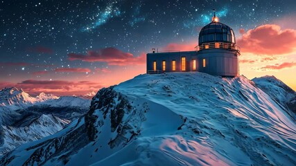 Wall Mural - an abandoned observatory perched on a snowy mountain peak, with a glowing starry sky above