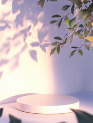 Canvas Print - minimalist scene of white podium with plant shadows and leaves for product display studio shot