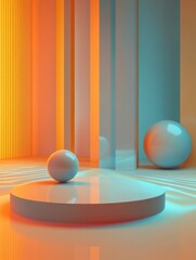 Canvas Print - abstract geometric composition with spheres and cylinder podium warm and cool color contrast studio 