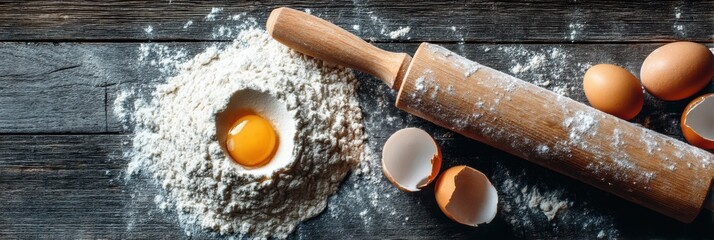 Poster - Creating a Delightful Dough With Flour, Eggs, and a Rolling Pin on a Rustic Wooden Countertop Generative AI