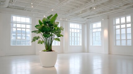 Poster - A large potted plant sits in the middle of a large, empty room with white walls