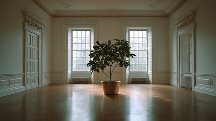 Poster - A large potted plant sits in the middle of a large, empty room with white walls