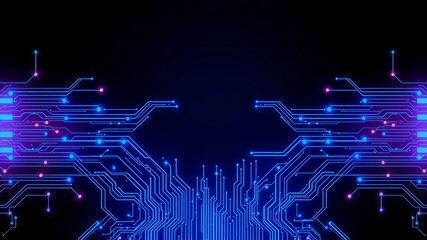 Abstract glowing blue and purple circuit board design with copy space ideal for technology backgrounds and presentations.