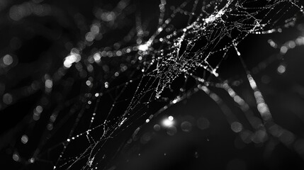 Delicate spiderweb strands in dark shadowy background.