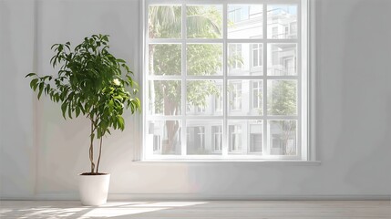 Poster - A large window in a white room with a potted plant in front of it