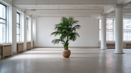 Aufkleber - A large potted plant sits in the middle of a large, empty room with white walls