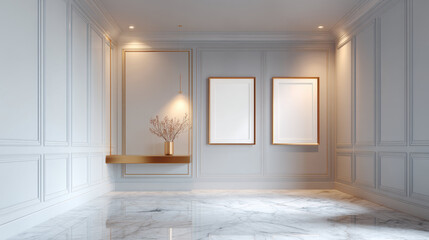 Aufkleber - Elegant frame mockup for photo display in modern interior with marble floor and gold accents, perfect for showcasing artwork or photography in stylish room setting