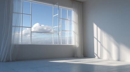 Poster - A room with a large window and a white wall