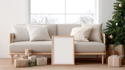 Aufkleber - Frame mockup for photo displayed in cozy living room with sofa and Christmas tree, surrounded by wrapped gifts and soft cushions, perfect for festive home decor inspiration