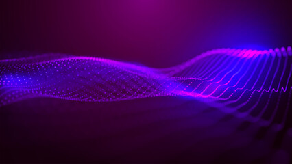 Abstract background with dynamic color wave. Futuristic dotted wave of bright particles. Dark background. Colorful background for presentation design. Weave effect. Wide format vector illustration.