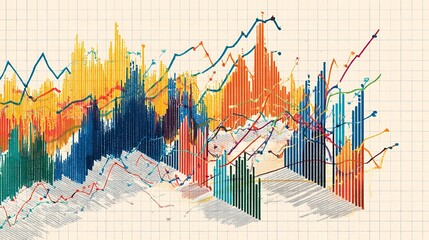 Aufkleber - A vibrant detailed graph with multiple line charts overlaid on a bar chart, set against a grid on a white background