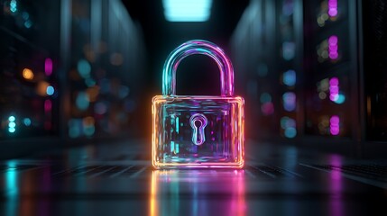 Leinwandbilder - A vibrant glowing chrome padlock symbol, illuminated with neon colors, digital shield symbolizing security in a dark futuristic server room environment