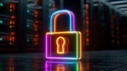Leinwandbilder - A vibrant glowing chrome padlock symbol, illuminated with neon colors, digital shield symbolizing security in a dark futuristic server room environment