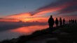 © Mykhailo - Group of People Walking Along a Riverside Path at Sunset with Vibrant Cloudy Sky Reflection