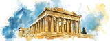 Greek Parthenon with Flag Colors on White Background