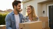 © alleb - Couple carrying cardboard boxes outside a house smiling moving in together.