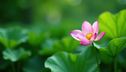 Wall Mural - single pink bloom nestled in lush green foliage quiet corner, peaceful scene , soft, foliage
