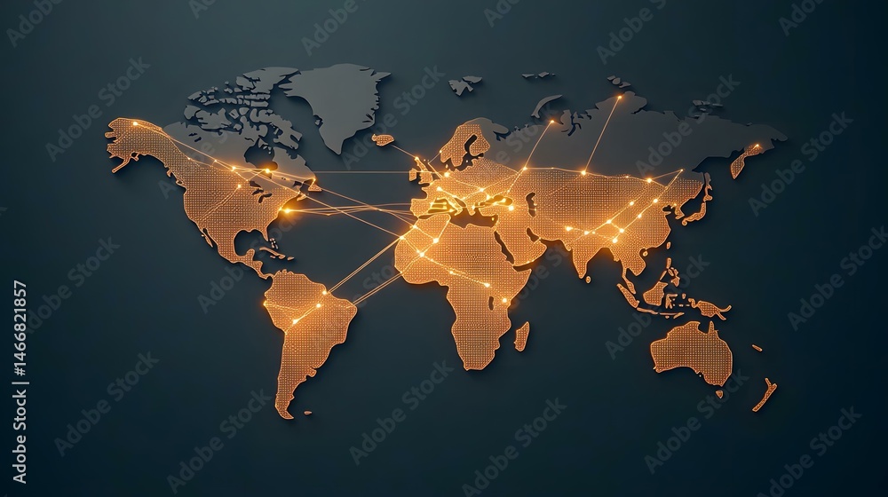The image shows a world map with glowing orange lines connecting ...