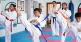 Exercise, karate and sports with kids in class for combat, fighting or self defense training. Development, fitness or growth with children and sensei in dojo for martial arts lesson or practice