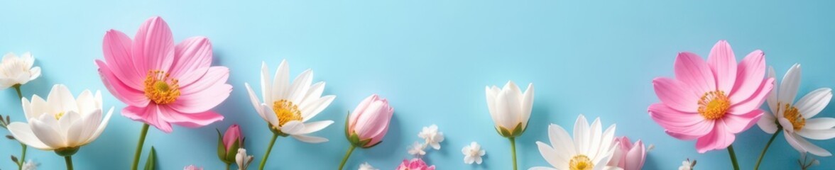 Wall Mural - cheerful pink & white flower display against a serene blue ideal for spring cards , nature, blossom,