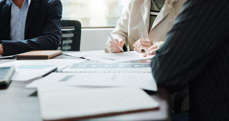 Fototapete - Hands, documents and business people in office with finance review with proposal. Team, meeting and group of financial planners with paperwork for investment, profit or budget report in workplace.
