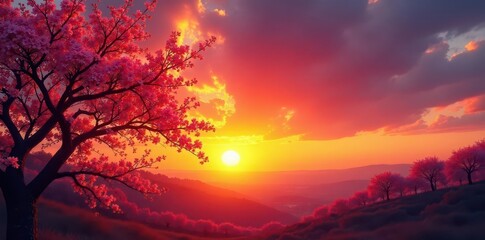 Wall Mural - vibrant spring sunset, blossoming branches silhouetted against fiery sky , nature, pastel, illustrat