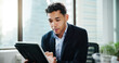 © peopleimages.com - Reading, research and tablet with business man in office for accounting, development or reporting. App, data and finance with accountant in professional workplace for budget or wealth management