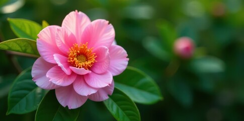 Wall Mural - delicate pink camellia, vibrant green foliage , vibrant, texture, plant