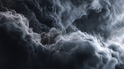 Poster - Black storm clouds with lightnings and smoke isolated
